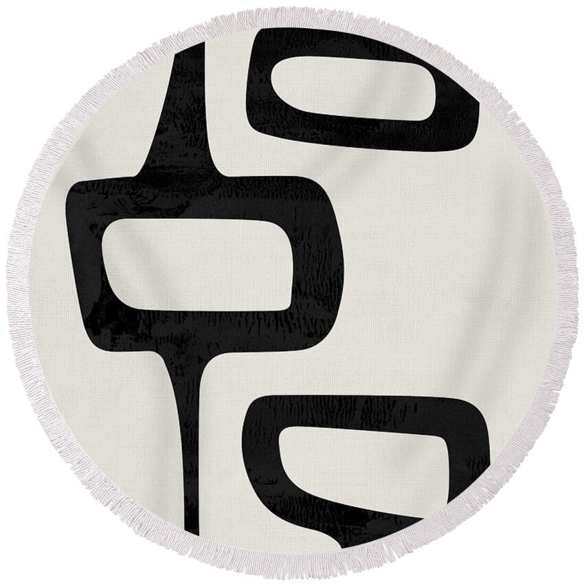 Black And White Round Beach Towel featuring the mixed media Mid Century Abstract Shapes V by Naxart Studio