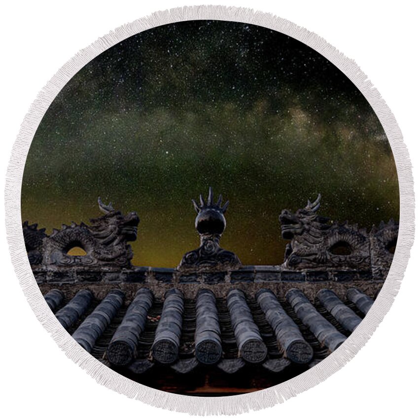 Landscape Round Beach Towel featuring the photograph Milky Way Arch over Chinese Temple Roof by William Dickman