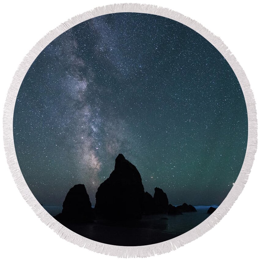 Outdoor; Beach; Night; Stars; Milky Way; Sea Stacks; Rudy Beach; Pacific Coast; Relections; Bioluminescence; Bioluminescent Plankton; Blue; Round Beach Towel featuring the digital art Milky Way at Ruby Beach, Olympic National Park by Michael Lee