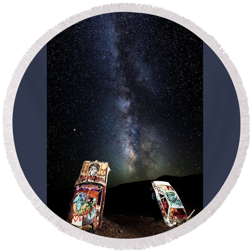 2018 Round Beach Towel featuring the photograph Milky Way Over Mojave Desert Graffiti 1 by James Sage