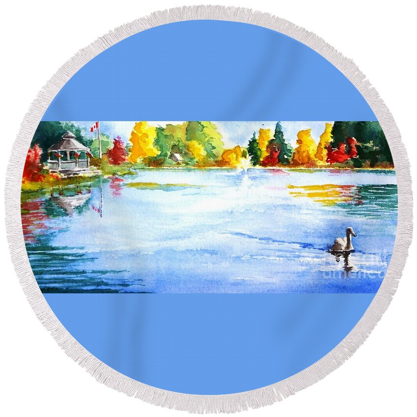 Pond Round Beach Towel featuring the painting Mill Pond by Petra Burgmann