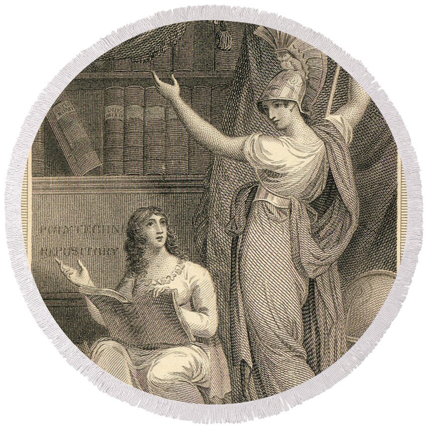 Athena Round Beach Towel featuring the mixed media Minerva directing Study to the attainment of Universal Knowledge by William Humphrys