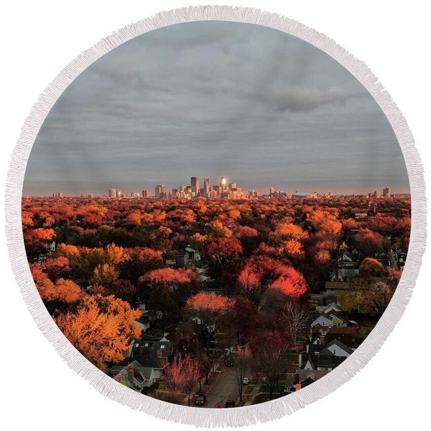Minneapolis Sunrise Aerial Round Beach Towel featuring the photograph Minneapolis Sunrise in October by Glenn Galen