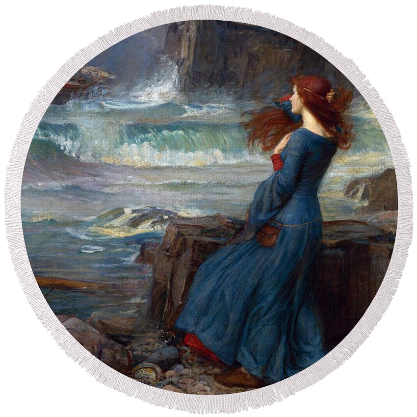 Miranda By Waterhouse Round Beach Towel featuring the painting Miranda By Waterhouse by John William Waterhouse