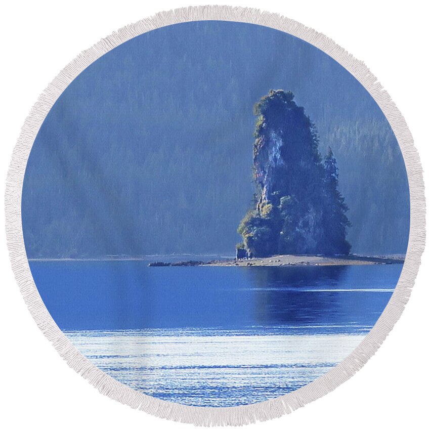 Misty Round Beach Towel featuring the photograph Misty Fjords Eddystone Rock by Russ Harris