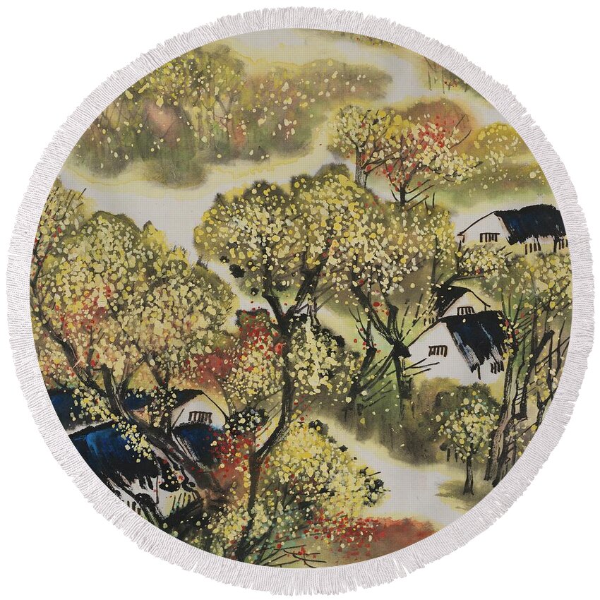 Chinese Watercolor Round Beach Towel featuring the painting Misty Morning by Jenny Sanders
