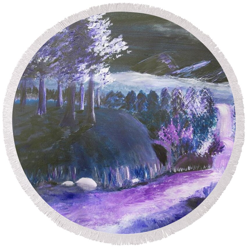  Round Beach Towel featuring the painting Misty Purple Mountains in the Moonlight by C E Dill