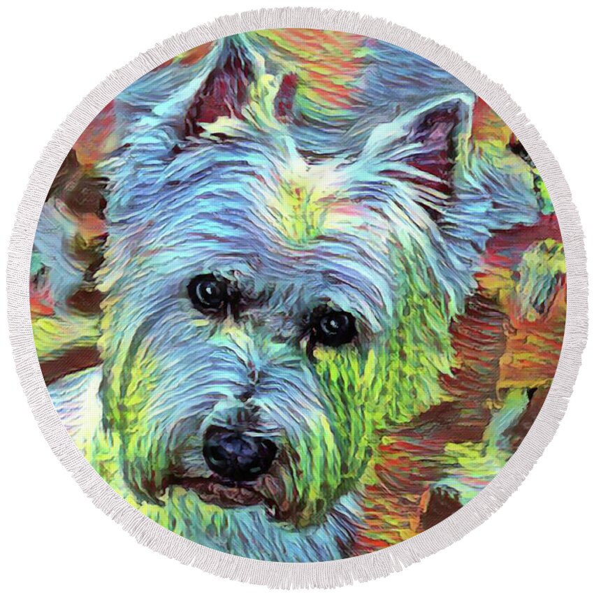 Westie Round Beach Towel featuring the painting Modern Westie Portrait by Portraits By NC