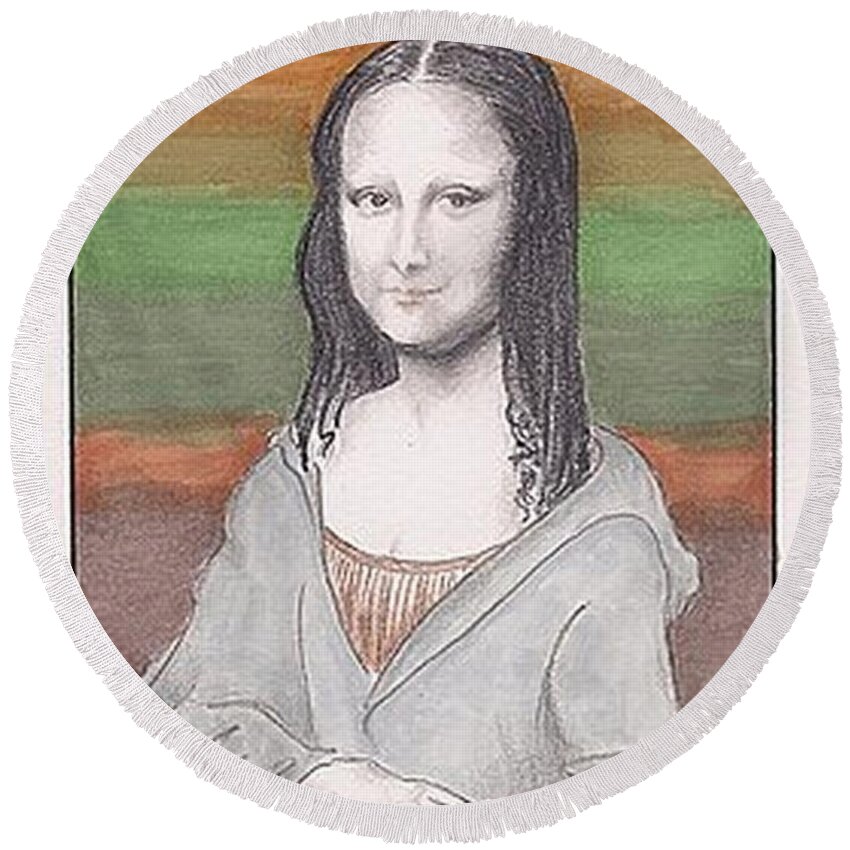 Tongue-in-cheek Round Beach Towel featuring the drawing Mona Lisa, Redux, in Gray Hoodie -- Whimsical Redo of the Mona Lisa by Jayne Somogy