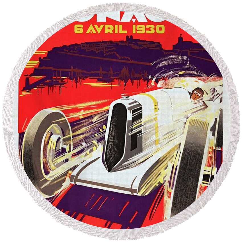 Racing Poster Round Beach Towel featuring the painting Monaco Grand Prix 1930, Vintage Racing Poster by Vincent Monozlay
