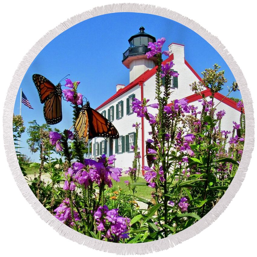East Point Lighthouse Round Beach Towel featuring the photograph Monarchs in September by Nancy Patterson