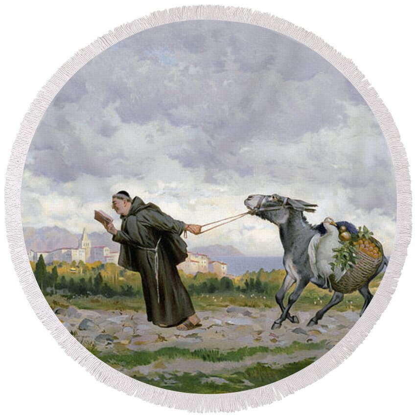 B1019 Round Beach Towel featuring the painting Monk And Donkey, 1878 by Alfred Wordsworth Thompson