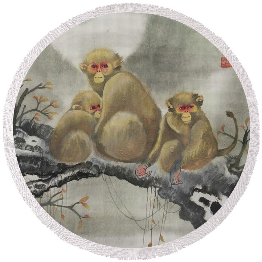 Chinese Watercolor Round Beach Towel featuring the painting Monkey Family by Jenny Sanders