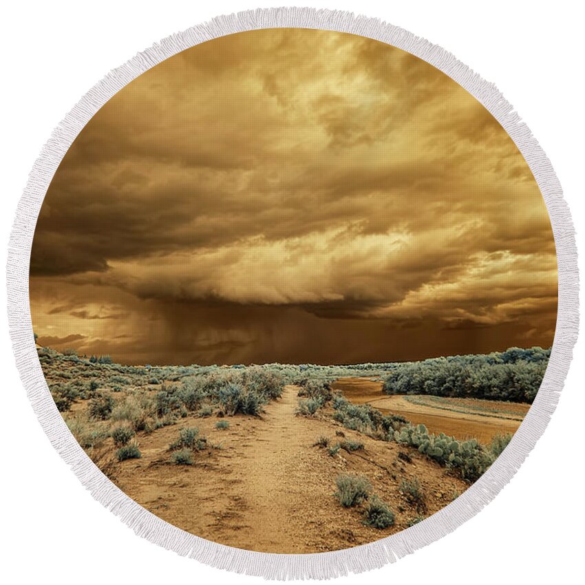 Monsoon Round Beach Towel featuring the photograph Monsoon Clouds Over the Rio Grande by Michael McKenney