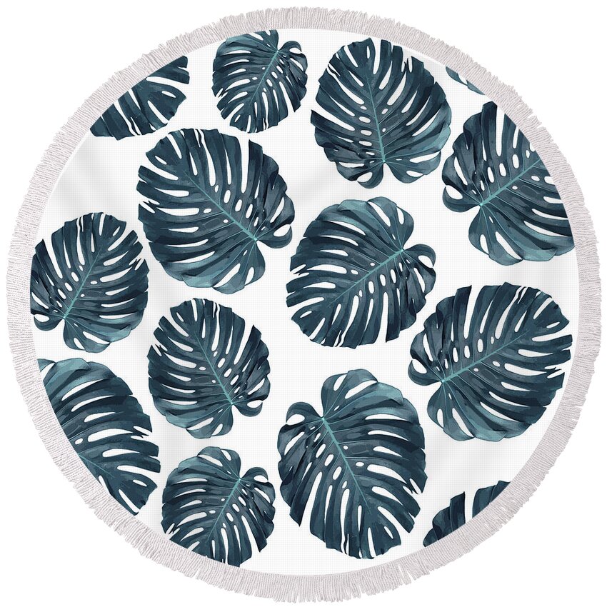 Monstera Round Beach Towel featuring the mixed media Monstera Leaf Pattern - Tropical Leaf Pattern - Blue - Tropical, Botanical - Modern, Minimal Decor 1 by Studio Grafiikka