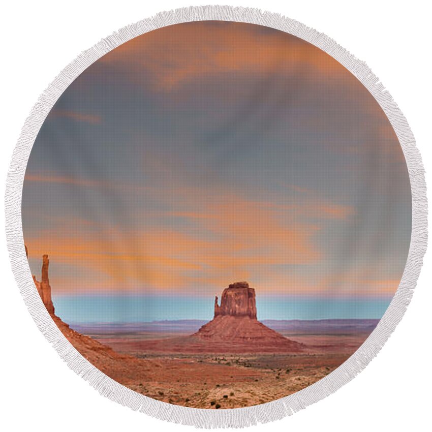 Mittens Round Beach Towel featuring the photograph Monument Valley Sunrise Panorama 1401 by Kenneth Johnson