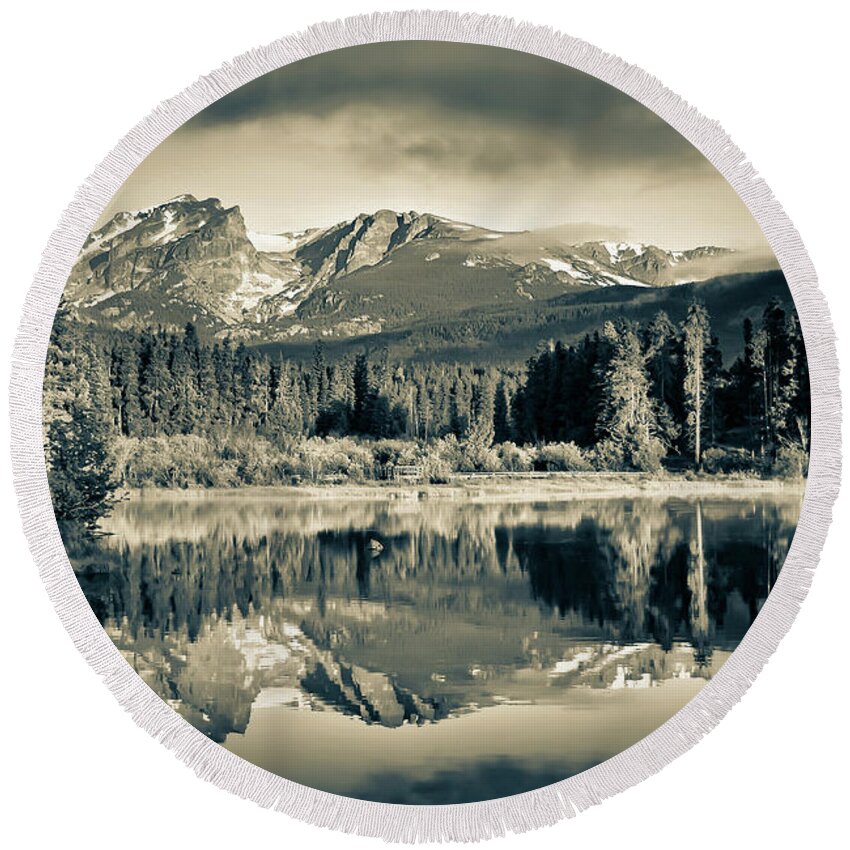 America Round Beach Towel featuring the photograph Moody Rocky Mountain Landscape at Sprague Lake - RMNP Sepia by Gregory Ballos