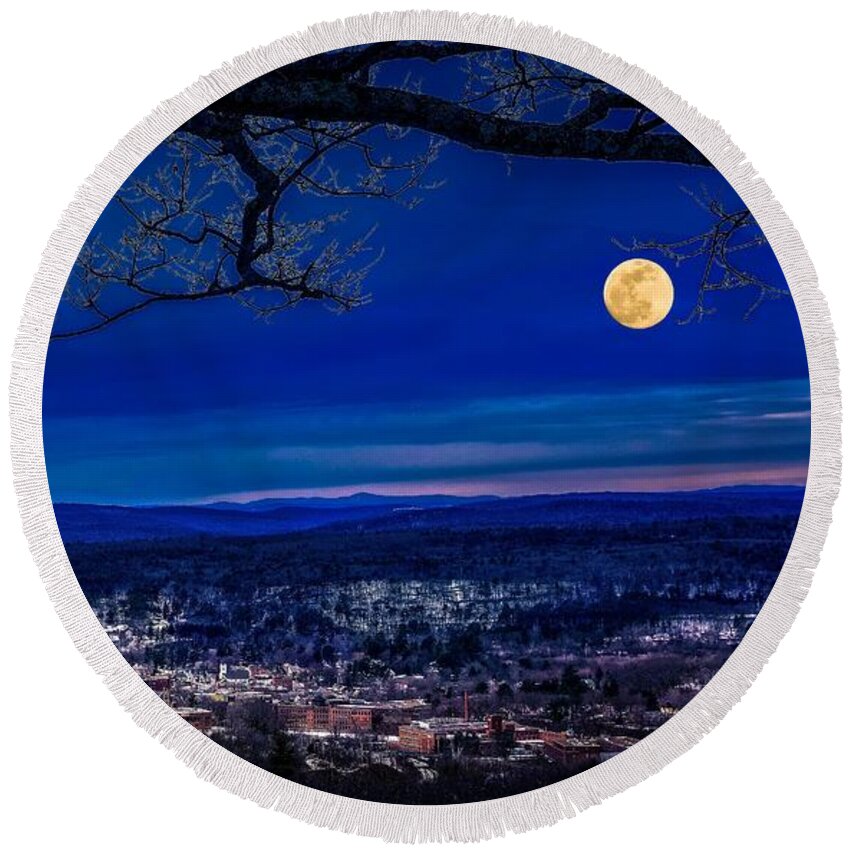 Tully Pond Round Beach Towel featuring the photograph Moon Over Athol, Massachusetts by Mitchell R Grosky