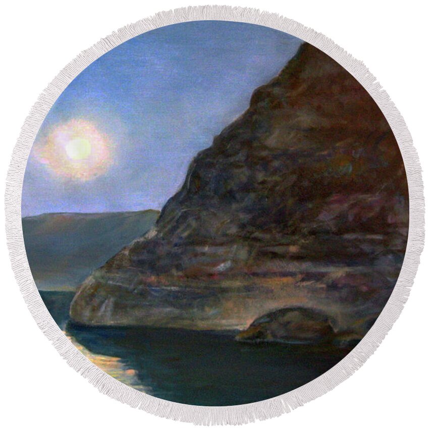 Nature Round Beach Towel featuring the painting Moonlight on Pyramid Lake by Donna Tucker