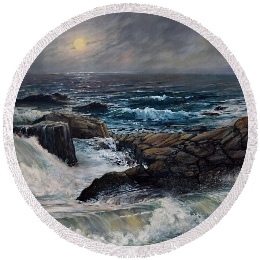 Ocean Round Beach Towel featuring the painting Moonlight At The Shore by Eileen Patten Oliver