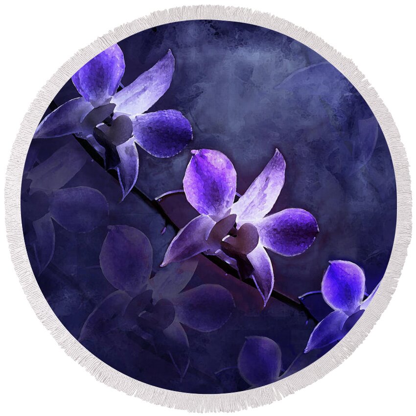 Orchids Round Beach Towel featuring the digital art Moonrise on Purple Orchids by J Marielle
