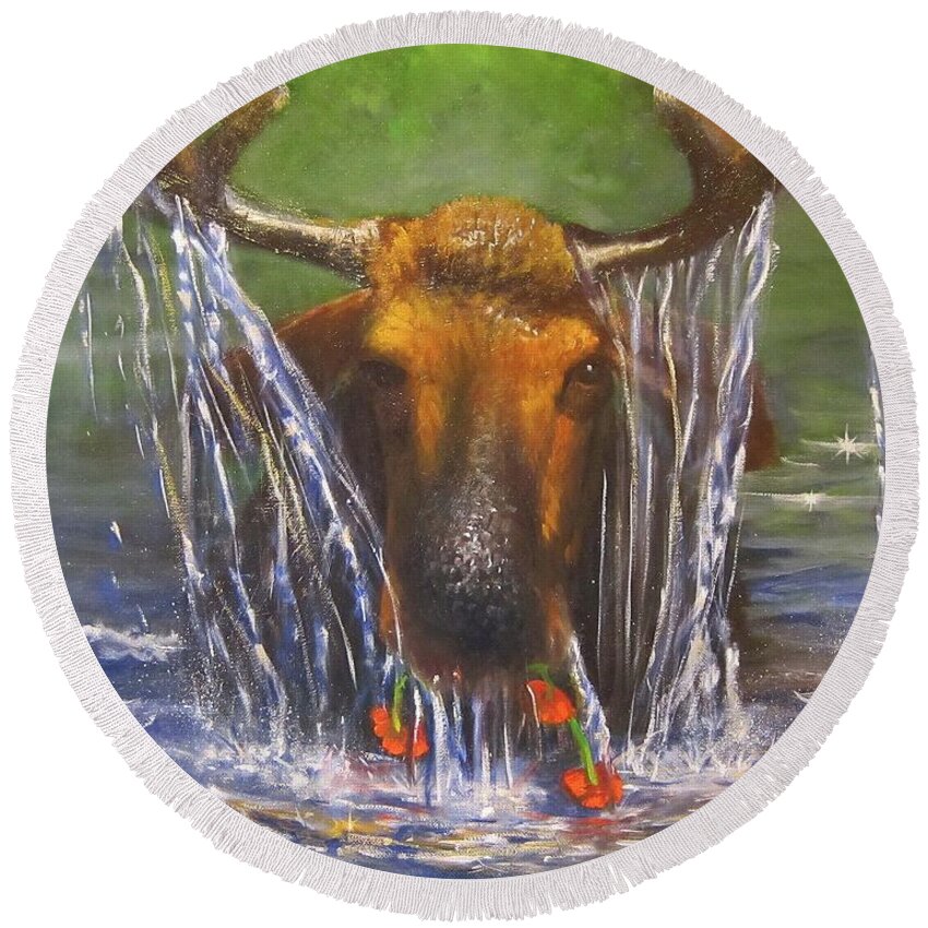 Moose Round Beach Towel featuring the painting Moose Diving by Sherry Strong