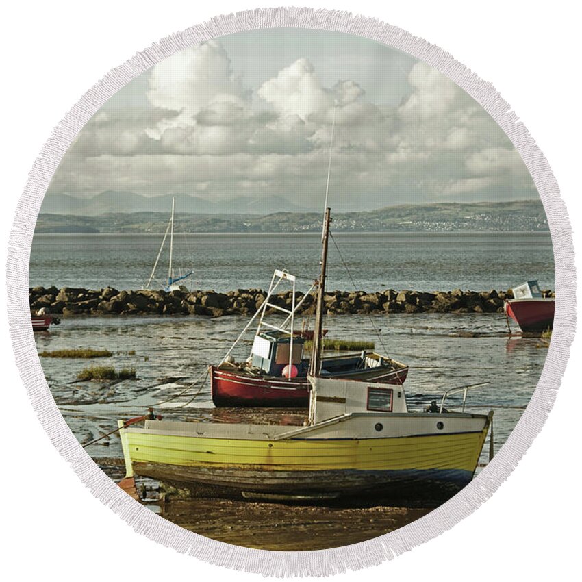 Morecambe Round Beach Towel featuring the photograph MORECAMBE. Boats On The Shore. by Lachlan Main