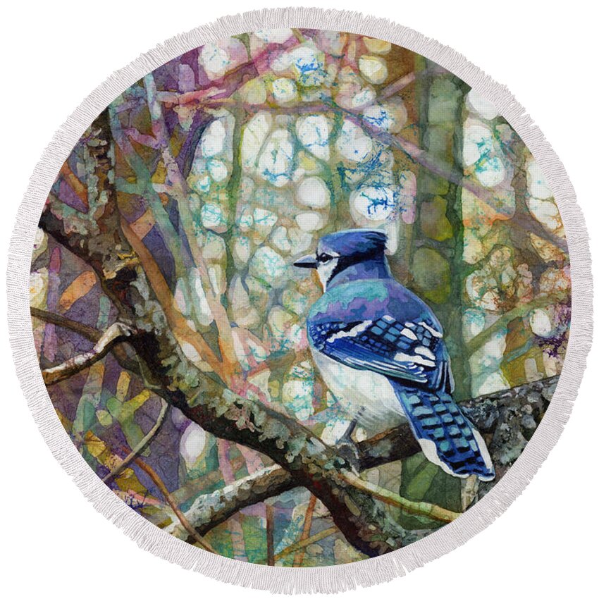 Blue Jay Round Beach Towel featuring the painting Morning Forest by Hailey E Herrera