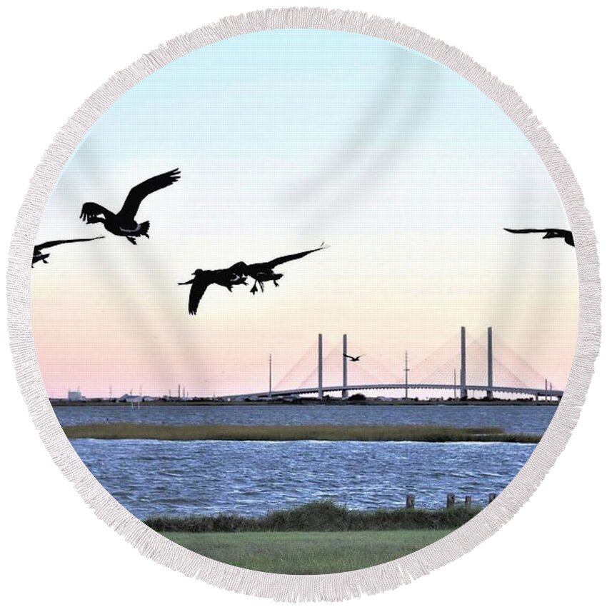 Indian River Bridge Round Beach Towel featuring the photograph Morning Geese Flight - Indian River Inlet Bridge by Kim Bemis