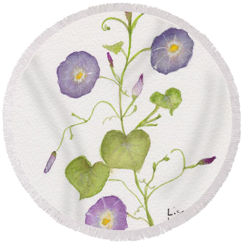 Flower Round Beach Towel featuring the painting Morning Glories by Lisa Burbach