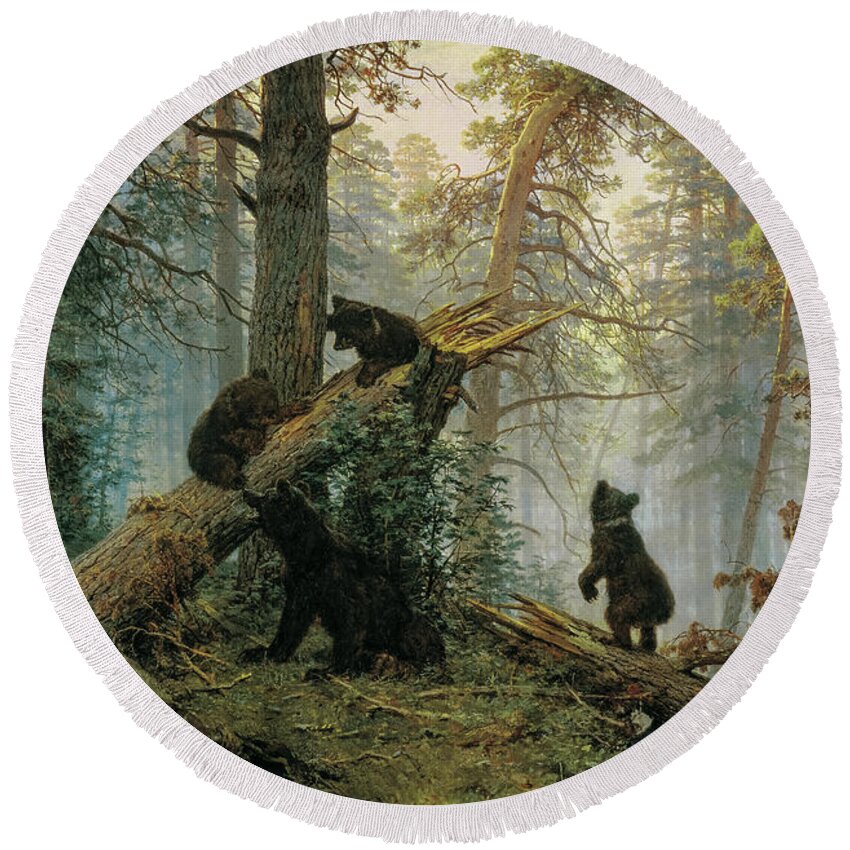 Ivan Shishkin Round Beach Towel featuring the painting Morning in a Pine Forest, 1889 by Ivan Shishkin
