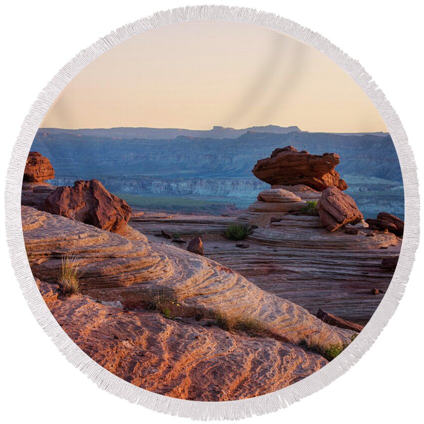 Arch Round Beach Towel featuring the photograph Morning in Vermilion Cliffs by Alex Mironyuk