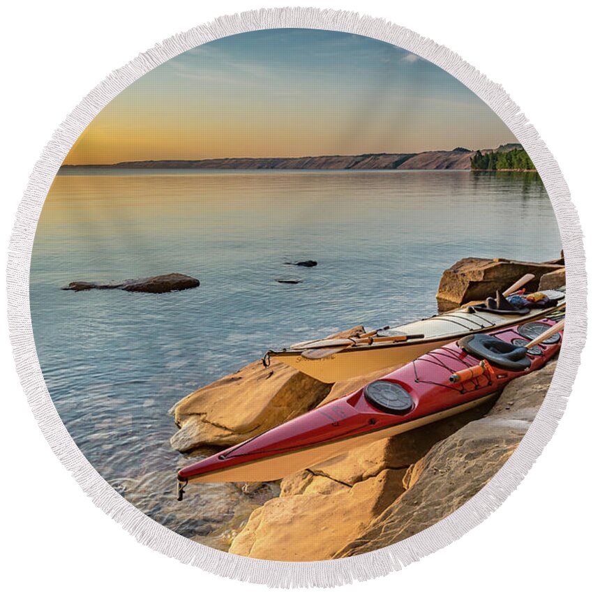 Au Sable East Round Beach Towel featuring the photograph Morning Kayaks by Gary McCormick