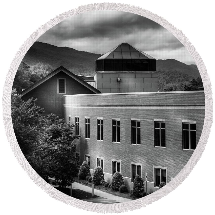 Western North Carolina Mountains Round Beach Towel featuring the photograph Morning Light At Western Carolina University In Black and White by Greg and Chrystal Mimbs