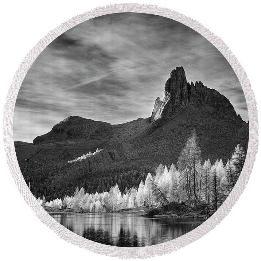 Black And White Round Beach Towel featuring the photograph Morning Light in the Dolomites by Jon Glaser