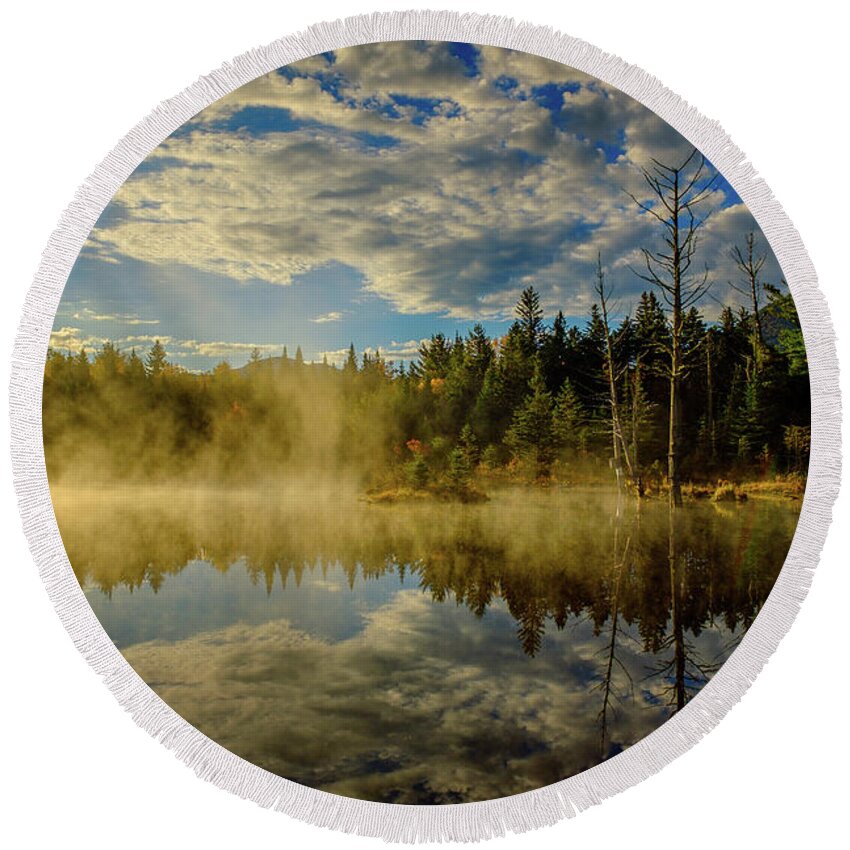 Prsri Round Beach Towel featuring the photograph Morning Mist, Wildlife Pond by Jeff Sinon