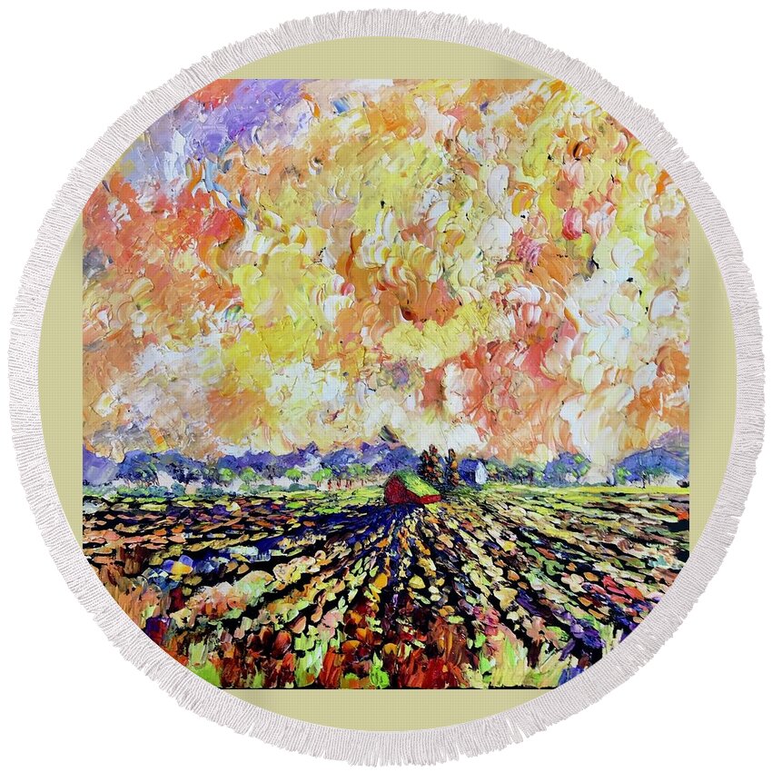 Landscape Round Beach Towel featuring the painting Morning on the Shore by Carrie Jacobson