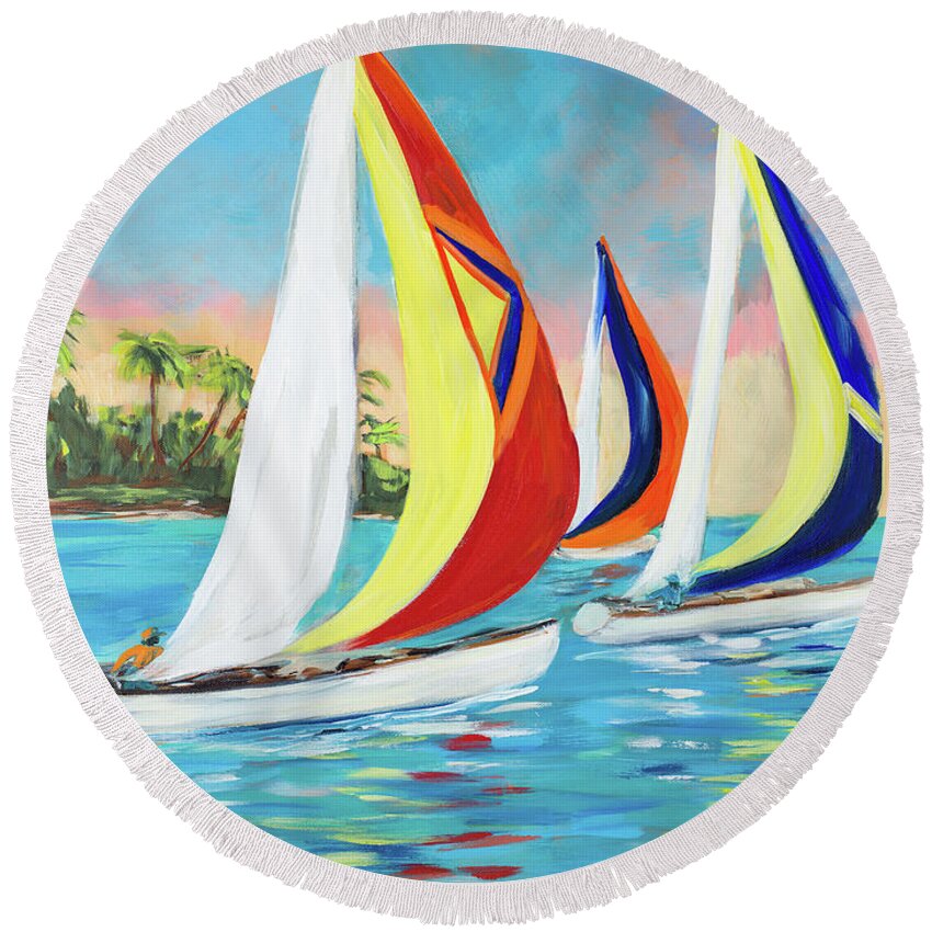 Morning Round Beach Towel featuring the painting Morning Sails II by Julie Derice