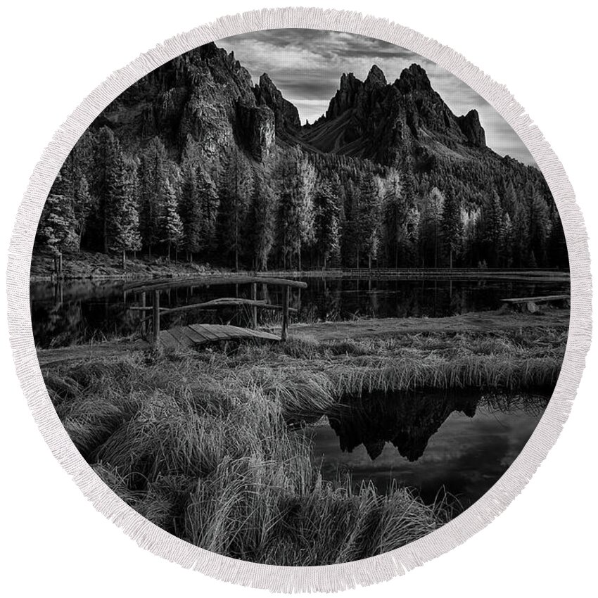  Black And White Round Beach Towel featuring the photograph Morning Sky in the Dolomites by Jon Glaser
