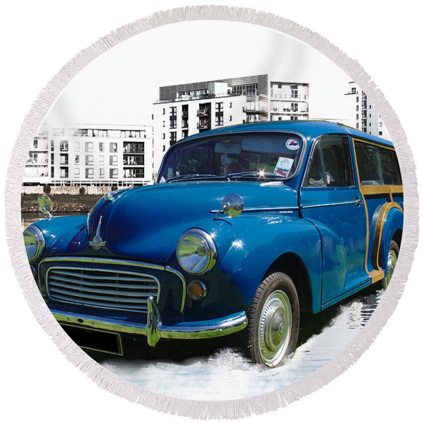 British Round Beach Towel featuring the photograph Morris Super Minor by Peter Leech