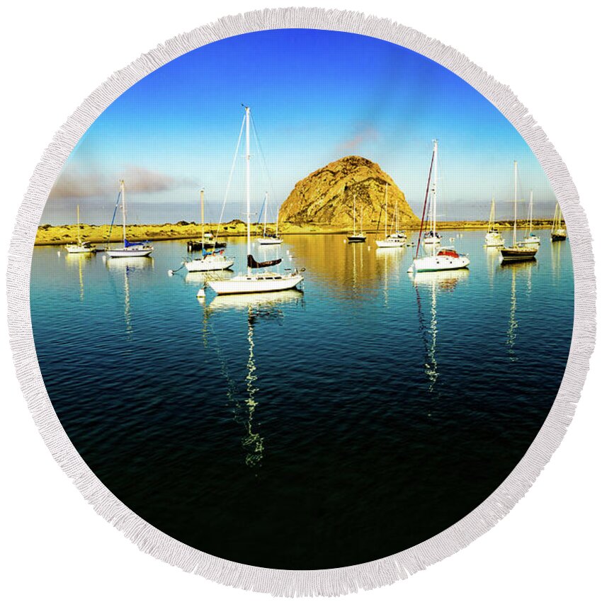 Steve Bunch Round Beach Towel featuring the photograph Morro Bay boats in the Harbor by Steve Bunch