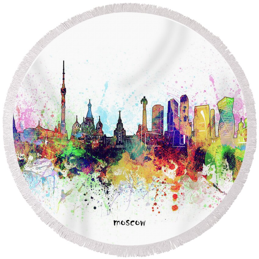 Moscow Round Beach Towel featuring the digital art Moscow Skyline Artistic by Bekim M
