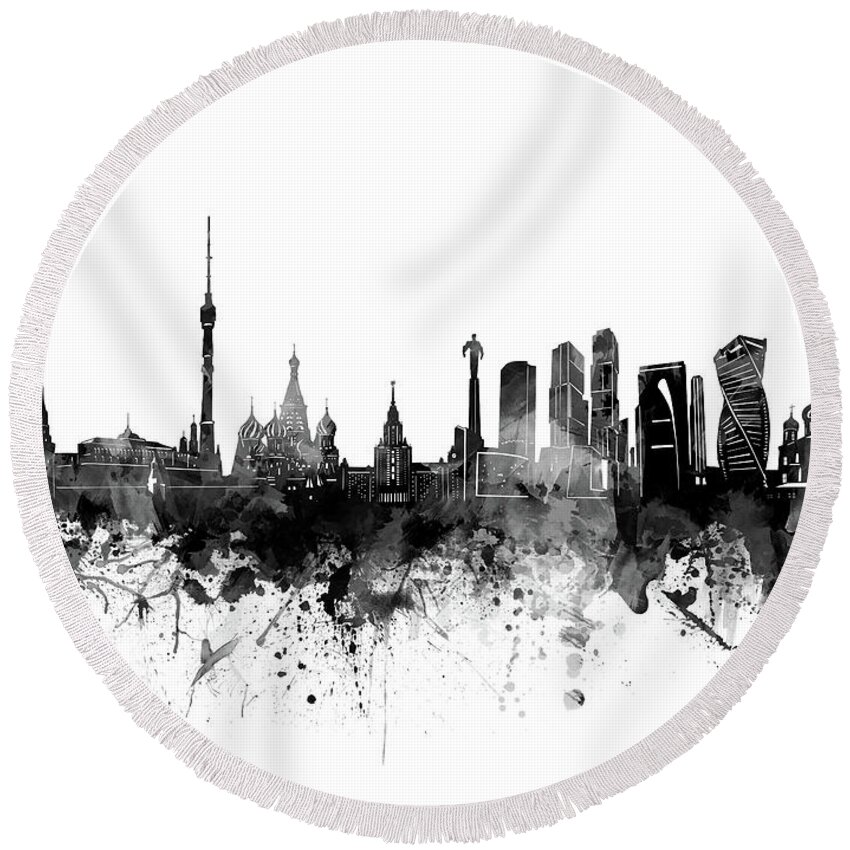 Moscow Round Beach Towel featuring the digital art Moscow Skyline Bw by Bekim M