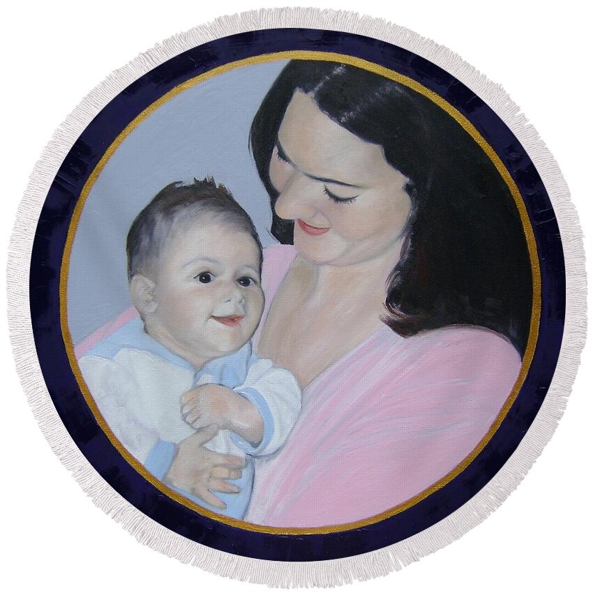 Mother And Child Round Beach Towel featuring the painting Mother and Child by Therese Legere
