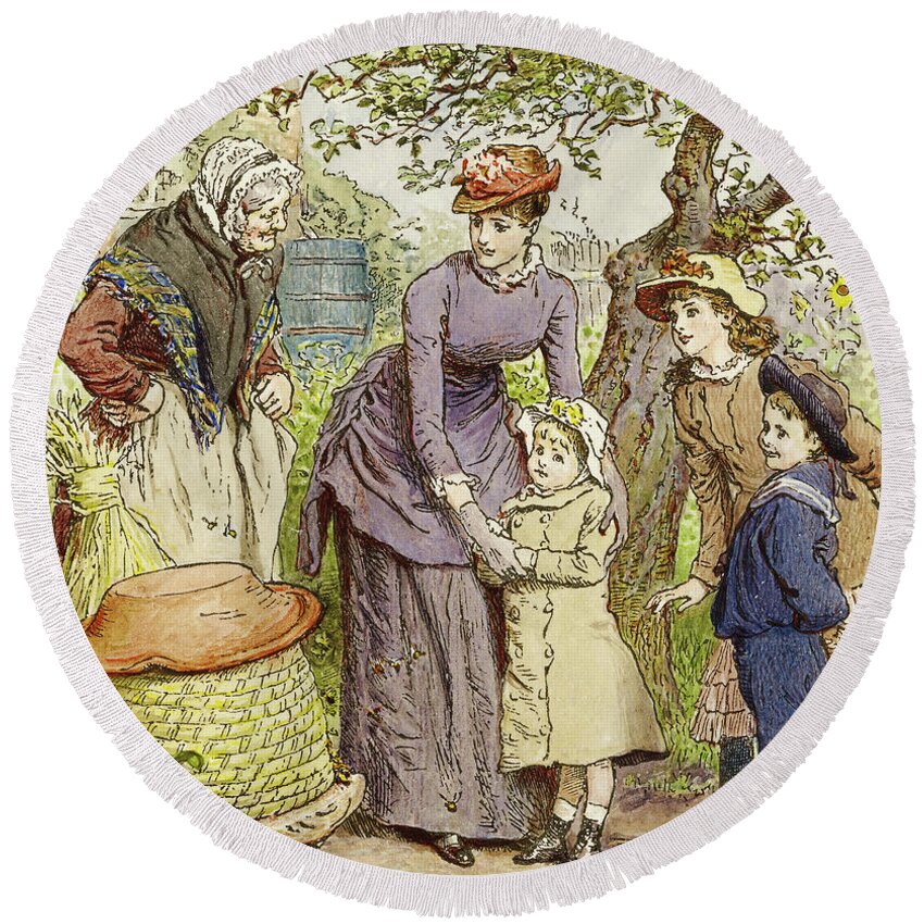 Victorian Round Beach Towel featuring the painting Mother and Children by a Beehive by Robert Barnes