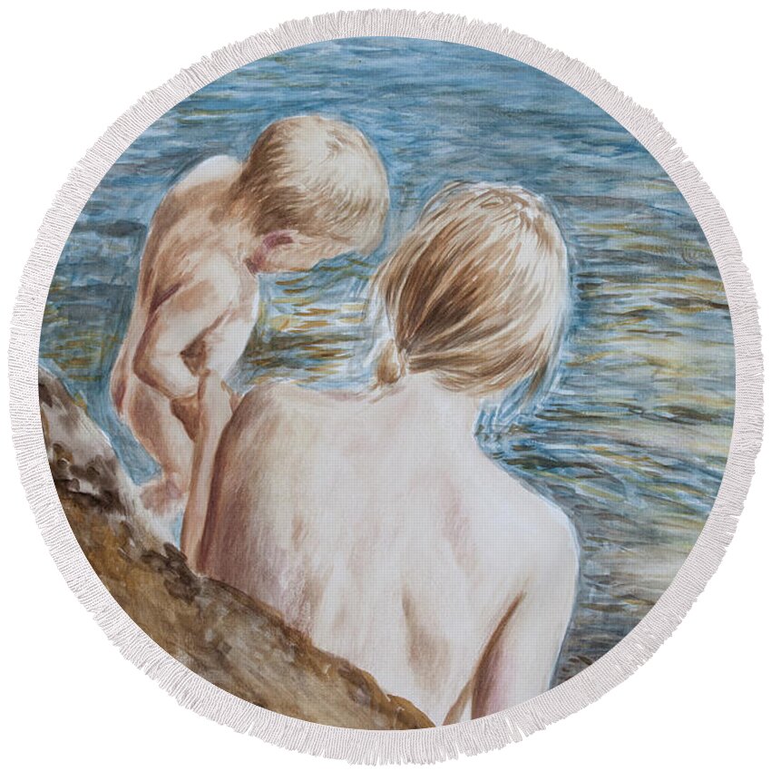 Hans Egil Saele Round Beach Towel featuring the painting Mother and Son at the Seaside by Hans Egil Saele