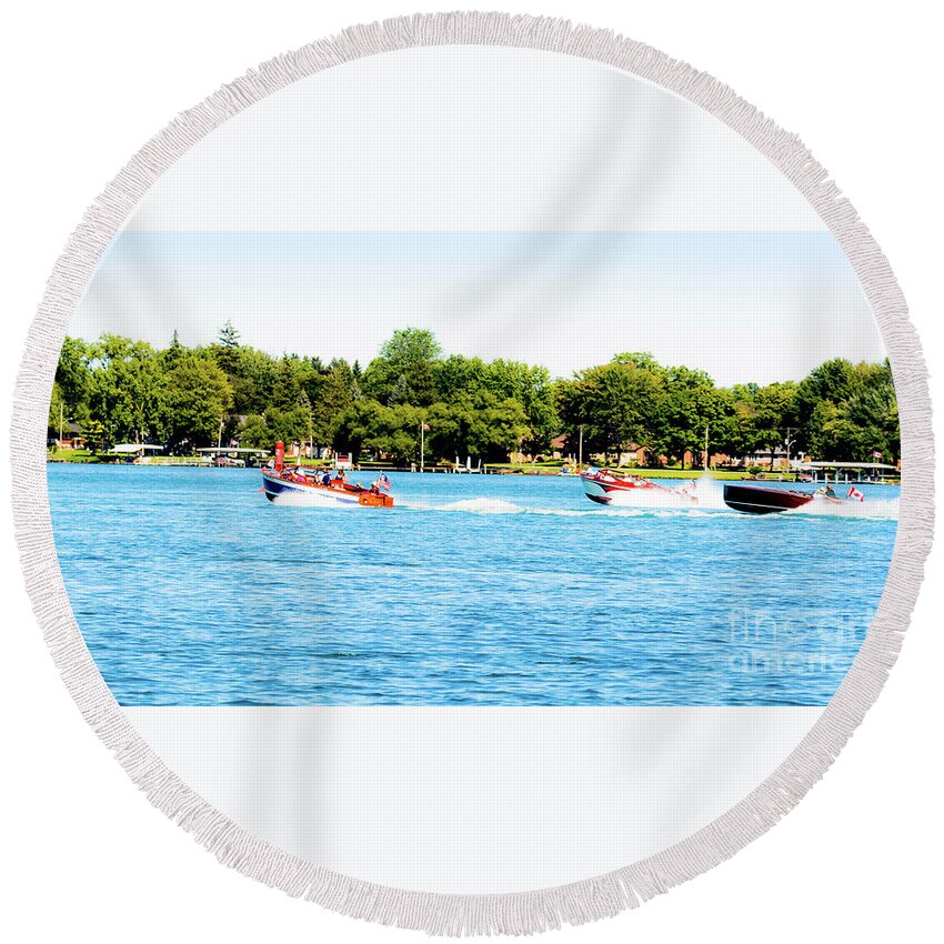 Antique Boat Round Beach Towel featuring the photograph Motoring on the Blue by Randy J Heath