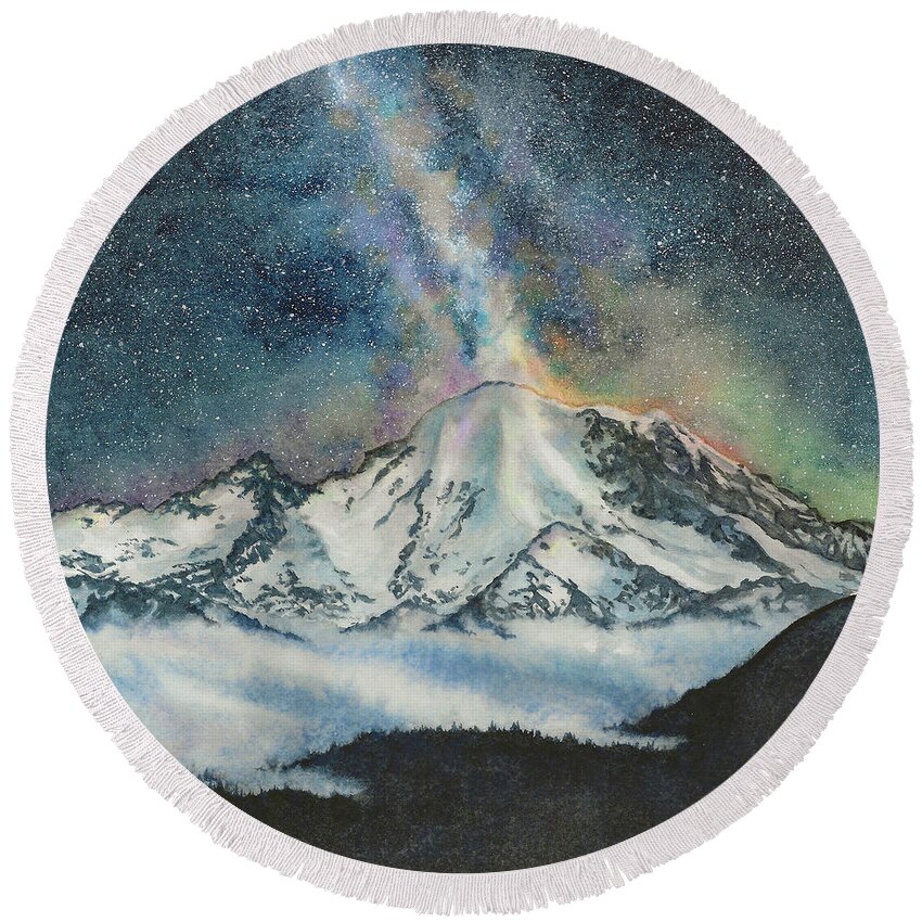 Mountain Round Beach Towel featuring the painting Mount Rainier Milky Way by Julie Senf