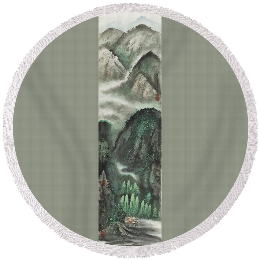 Chinese Watercolor Round Beach Towel featuring the painting The Four Seasons Version 2 - Summer by Jenny Sanders