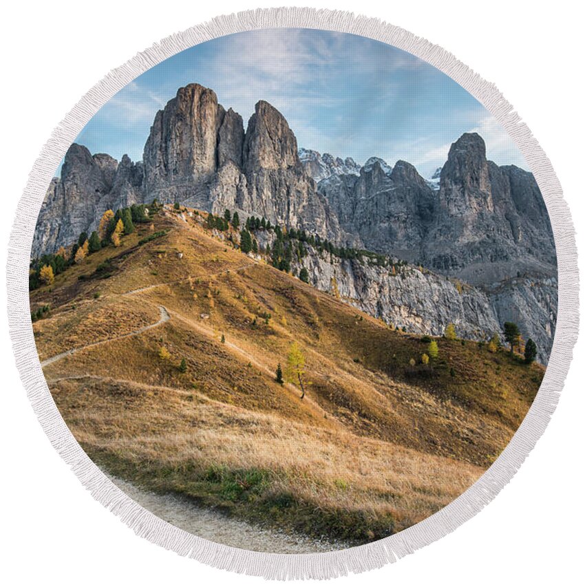 Dolomites Round Beach Towel featuring the photograph Mountain landscape of the picturesque Dolomites at Passo Gardena by Michalakis Ppalis